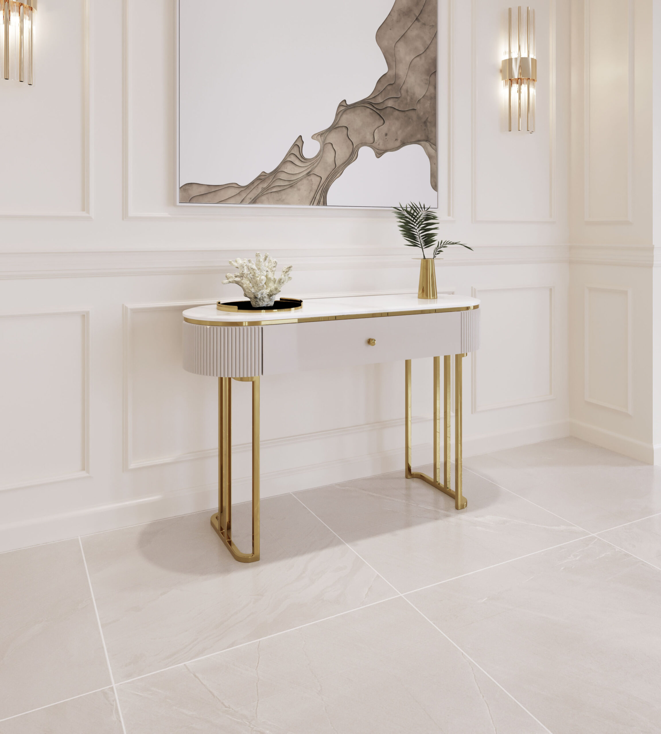 KONSOLA Anne Cashmir, złote nogi i detale, szuflada, kaszmirowa, ryflowane boki, blat z konglomeratu marmurowego, elegancka