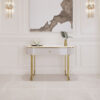 KONSOLA Anne Cashmir, złote nogi i detale, szuflada, kaszmirowa, ryflowane boki, blat z konglomeratu marmurowego, najwyższa jakość