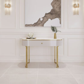 KONSOLA Anne Cashmir, złote nogi i detale, szuflada, kaszmirowa, ryflowane boki, blat z konglomeratu marmurowego, najwyższa jakość