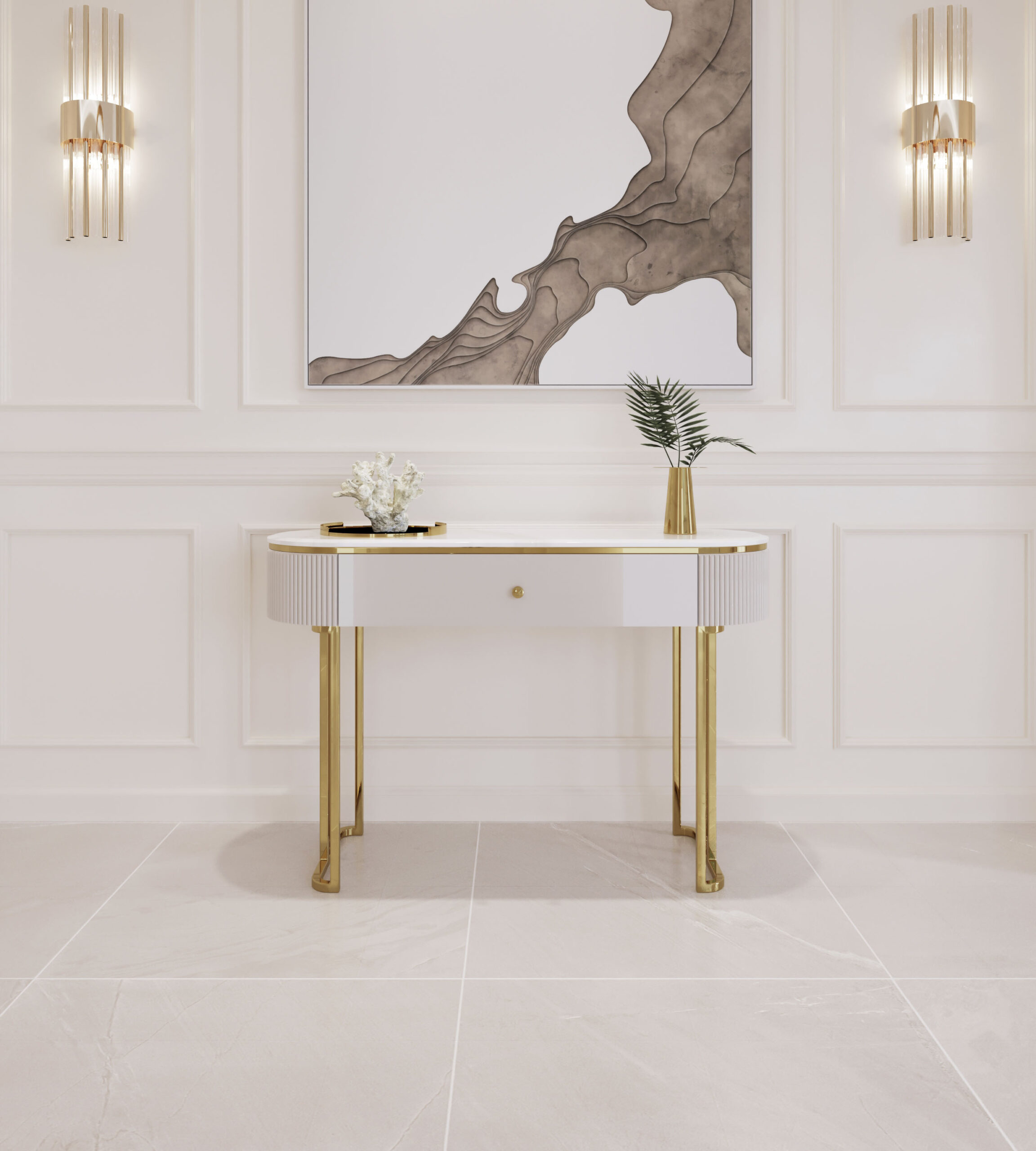 KONSOLA Anne Cashmir, złote nogi i detale, szuflada, kaszmirowa, ryflowane boki, blat z konglomeratu marmurowego, najwyższa jakość