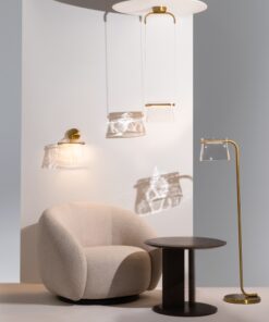 LAMPA PODŁOGOWA Cabaret mosiężna, metalowa podstawa, szklany, transparentny klosz o designerskim wyglądzie, do salonu