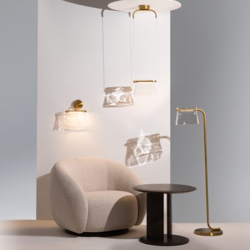 LAMPA PODŁOGOWA Cabaret mosiężna, metalowa podstawa, szklany, transparentny klosz o designerskim wyglądzie, do salonu