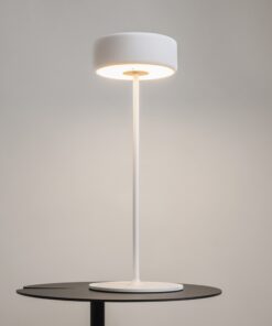 LAMPA STOŁOWA LED z metalową cienką nogą na płaskiej okrągłej podstawie, biała, akrylowy klosz, nowoczesny design
