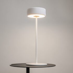 LAMPA STOŁOWA LED z metalową cienką nogą na płaskiej okrągłej podstawie, biała, akrylowy klosz, nowoczesny design