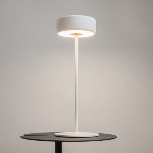 LAMPA STOŁOWA LED z metalową cienką nogą na płaskiej okrągłej podstawie, biała, akrylowy klosz, nowoczesny design
