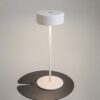 LAMPA STOŁOWA LED z metalową cienką nogą na płaskiej okrągłej podstawie, biała, akrylowy klosz, nowoczesny design, ekskluzywna