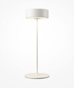 LAMPA STOŁOWA LED z metalową cienką nogą na płaskiej okrągłej podstawie, biała, akrylowy klosz, nowoczesny design, piękna