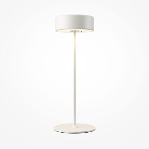 LAMPA STOŁOWA LED z metalową cienką nogą na płaskiej okrągłej podstawie, biała, akrylowy klosz, nowoczesny design, piękna