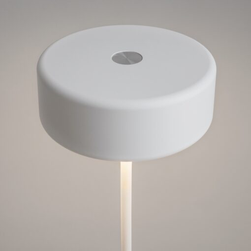 LAMPA STOŁOWA LED z metalową cienką nogą na płaskiej okrągłej podstawie, biała, akrylowy klosz, nowoczesny design, premium