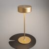 LAMPA STOŁOWA LED z metalową cienką nogą na płaskiej okrągłej podstawie, złota, akrylowy klosz, nowoczesny design