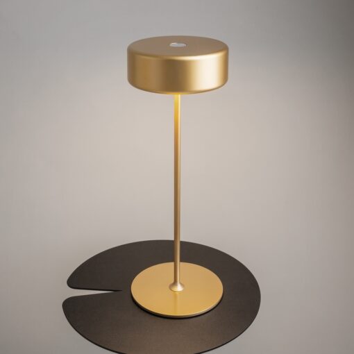 LAMPA STOŁOWA LED z metalową cienką nogą na płaskiej okrągłej podstawie, złota, akrylowy klosz, nowoczesny design