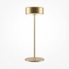 LAMPA STOŁOWA LED z metalową cienką nogą na płaskiej okrągłej podstawie, złota, akrylowy klosz, nowoczesny design, najwyższa jakość