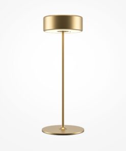 LAMPA STOŁOWA LED z metalową cienką nogą na płaskiej okrągłej podstawie, złota, akrylowy klosz, nowoczesny design, najwyższa jakość