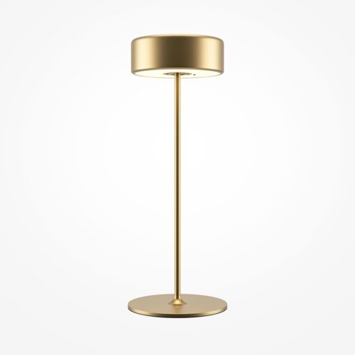 LAMPA STOŁOWA LED z metalową cienką nogą na płaskiej okrągłej podstawie, złota, akrylowy klosz, nowoczesny design, najwyższa jakość