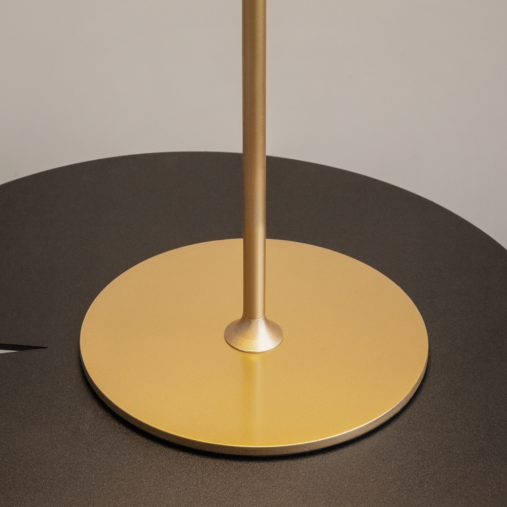 LAMPA STOŁOWA LED z metalową cienką nogą na płaskiej okrągłej podstawie, złota, akrylowy klosz, nowoczesny design, premium LAMPA STOŁOWA LED z metalową cienką nogą na płaskiej okrągłej podstawie, złota, akrylowy klosz, nowoczesny design, premium