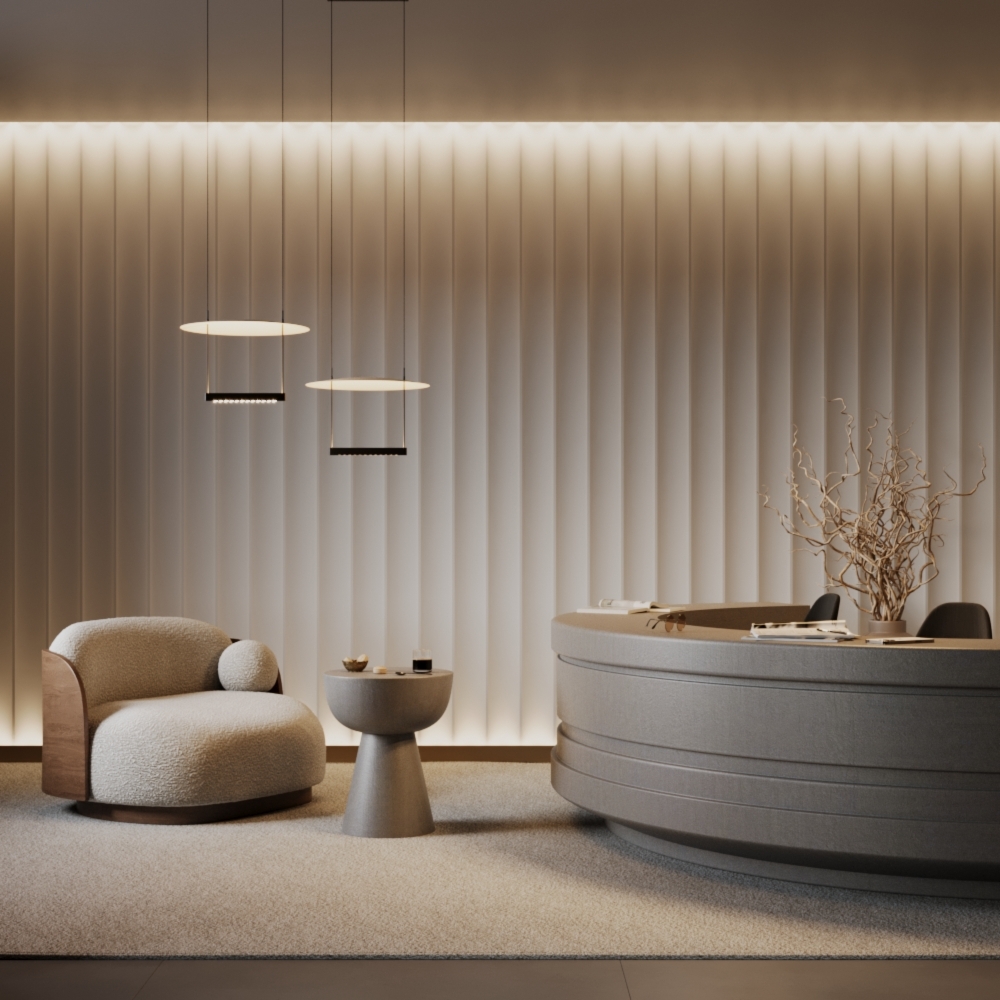 LAMPA WISZĄCA Ambience z białym, okrągłym, metalowym dyfuzorem, duża regulacja wysokości, designerski styl 42 cm, do salonu