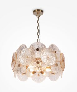 LAMPA WISZĄCA Aster na złotej, metalowej oprawie, klosz ze szklanych kół z dekoracyjnymi żłobieniami, nowoczesny styl