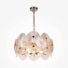 LAMPA WISZĄCA Aster na złotej, metalowej oprawie, klosz ze szklanych kół z dekoracyjnymi żłobieniami, nowoczesny styl
