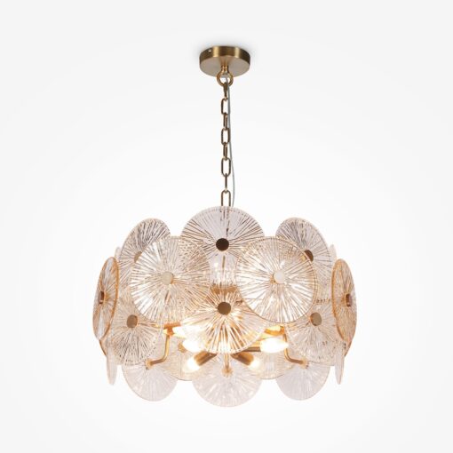 LAMPA WISZĄCA Aster na złotej, metalowej oprawie, klosz ze szklanych kół z dekoracyjnymi żłobieniami, nowoczesny styl