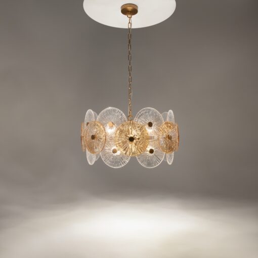 LAMPA WISZĄCA Aster na złotej, metalowej oprawie, klosz ze szklanych kół z dekoracyjnymi żłobieniami, nowoczesny styl, piękna