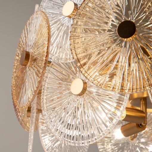 LAMPA WISZĄCA Aster na złotej, metalowej oprawie, klosz ze szklanych kół z dekoracyjnymi żłobieniami, nowoczesny styl, premium