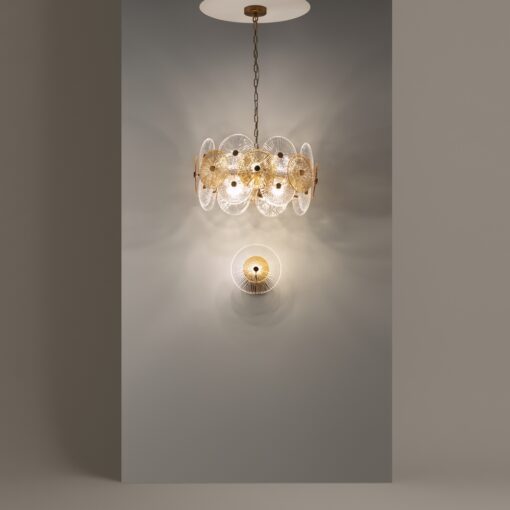 LAMPA WISZĄCA Aster na złotej, metalowej oprawie, klosz ze szklanych kół z dekoracyjnymi żłobieniami, nowoczesny styl, wyjątkowa