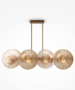 LAMPA WISZĄCA Aster na złotej, metalowej oprawie, podłużna, szklane koła z dekoracyjnymi żłobieniami, nowoczesny styl