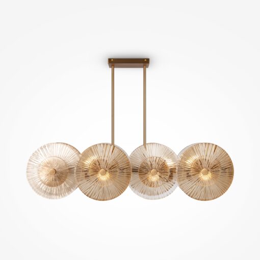 LAMPA WISZĄCA Aster na złotej, metalowej oprawie, podłużna, szklane koła z dekoracyjnymi żłobieniami, nowoczesny styl