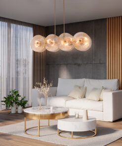 LAMPA WISZĄCA Aster na złotej, metalowej oprawie, podłużna, szklane koła z dekoracyjnymi żłobieniami, nowoczesny styl, do salonu