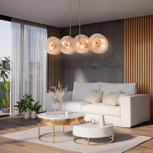 LAMPA WISZĄCA Aster na złotej, metalowej oprawie, podłużna, szklane koła z dekoracyjnymi żłobieniami, nowoczesny styl, do salonu