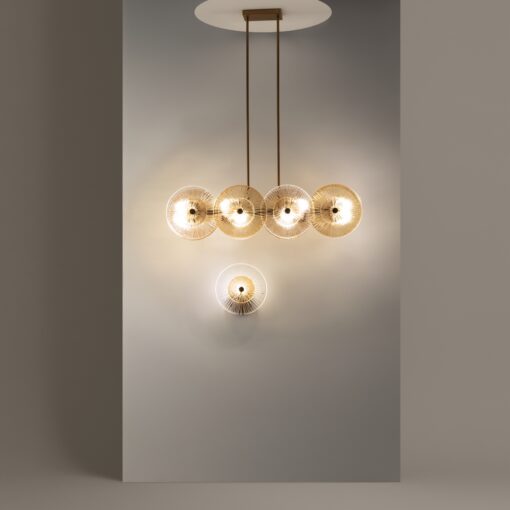 LAMPA WISZĄCA Aster na złotej, metalowej oprawie, podłużna, szklane koła z dekoracyjnymi żłobieniami, nowoczesny styl, wysoka jakość