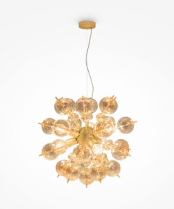 LAMPA WISZĄCA Bolla z mosiężną oprawą oraz szklanymi kulami w kolorze bursztynu, nowoczesny styl