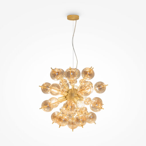 LAMPA WISZĄCA Bolla z mosiężną oprawą oraz szklanymi kulami w kolorze bursztynu, nowoczesny styl