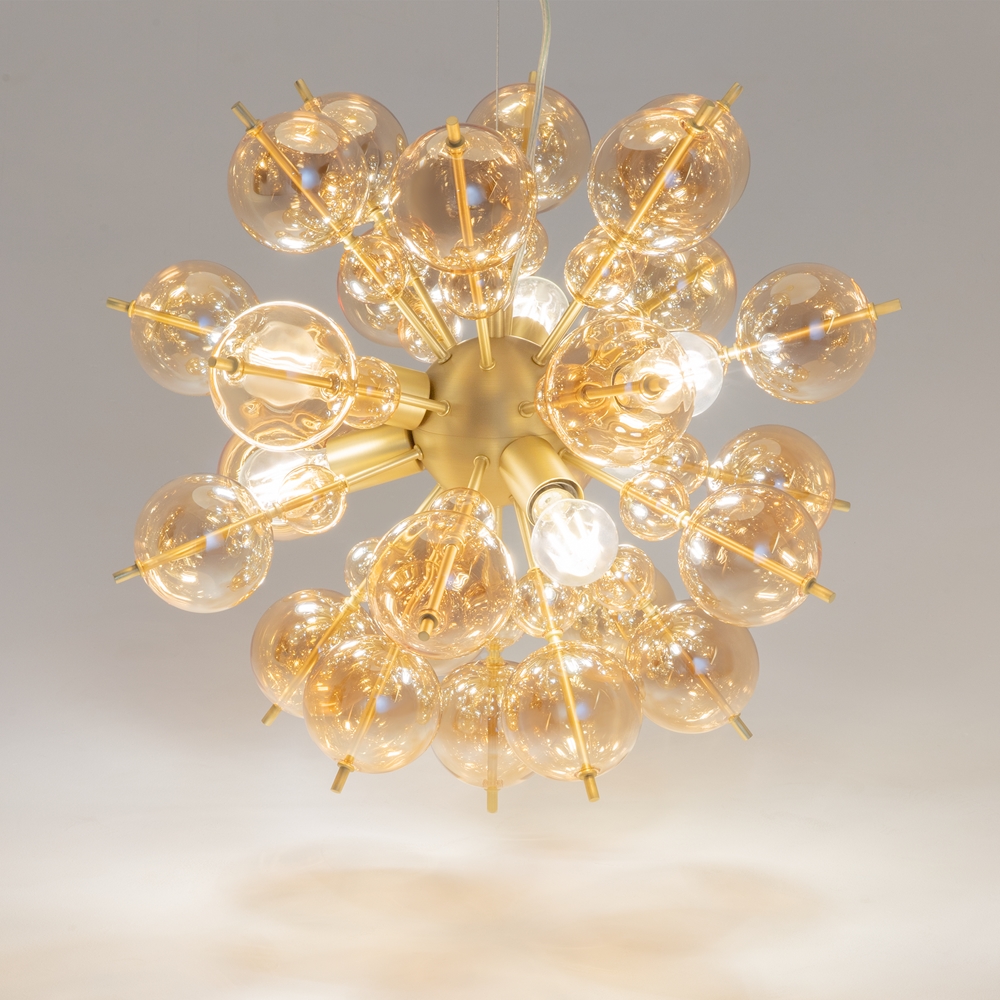 LAMPA WISZĄCA Bolla z mosiężną oprawą oraz szklanymi kulami w kolorze bursztynu, nowoczesny styl, ekskluzywna