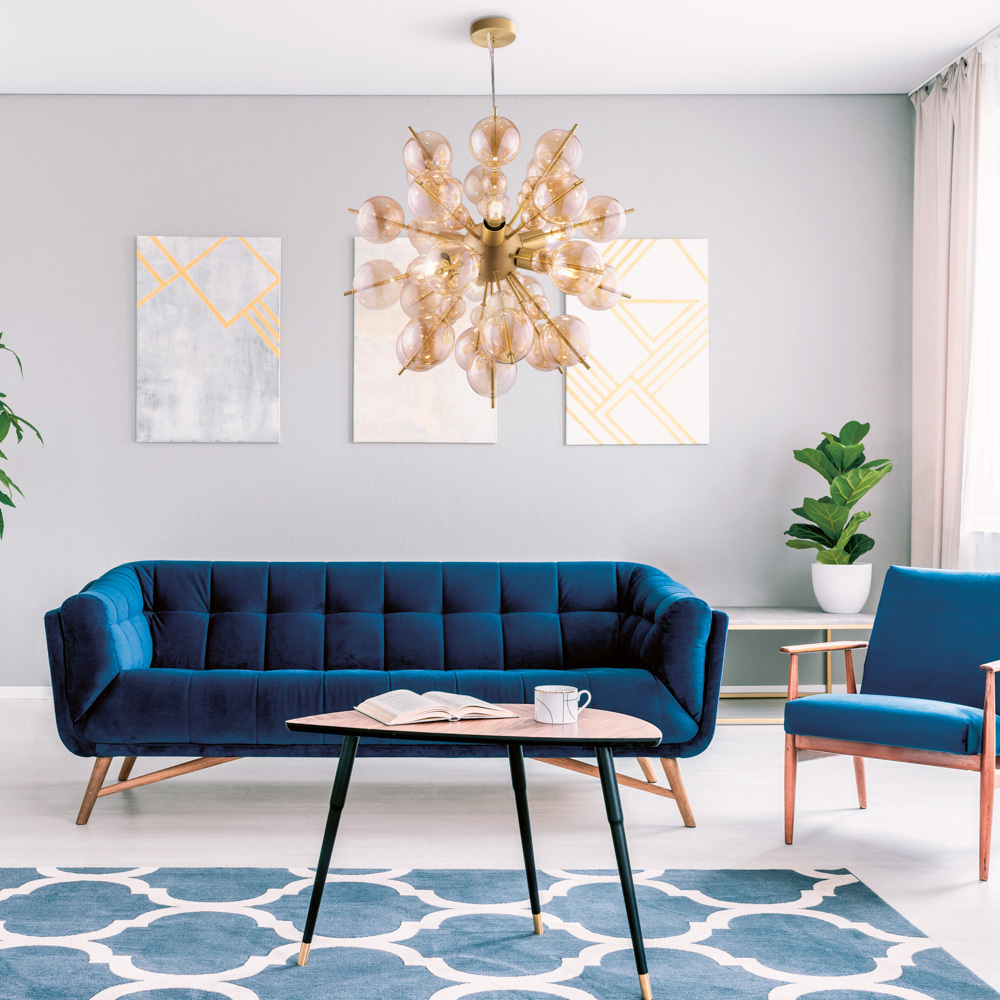 LAMPA WISZĄCA Bolla z mosiężną oprawą oraz szklanymi kulami w kolorze bursztynu, nowoczesny styl, wyrafinowana