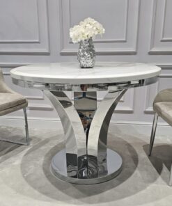 STÓŁ Amelie srebrny okrągły do jadalni, unikatowy kształt podstawy, blat - konglomerat marmurowy, glamour
