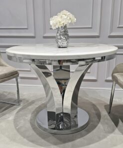 STÓŁ Amelie srebrny okrągły do jadalni, unikatowy kształt podstawy, blat - konglomerat marmurowy, glamour