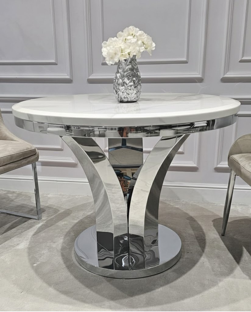 STÓŁ Amelie srebrny okrągły do jadalni, unikatowy kształt podstawy, blat - konglomerat marmurowy, glamour