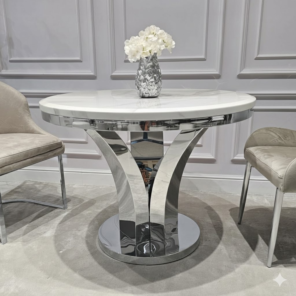 STÓŁ Amelie srebrny okrągły do jadalni, unikatowy kształt podstawy, blat - konglomerat marmurowy, glamour