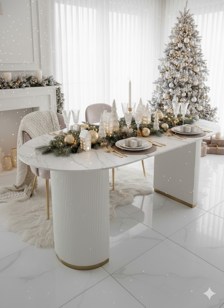 STÓŁ Incante owalny na dwóch nogach, nogi z MDF-u lakierowanego, biały z złotymi detalami, blat ze spieku kamiennego