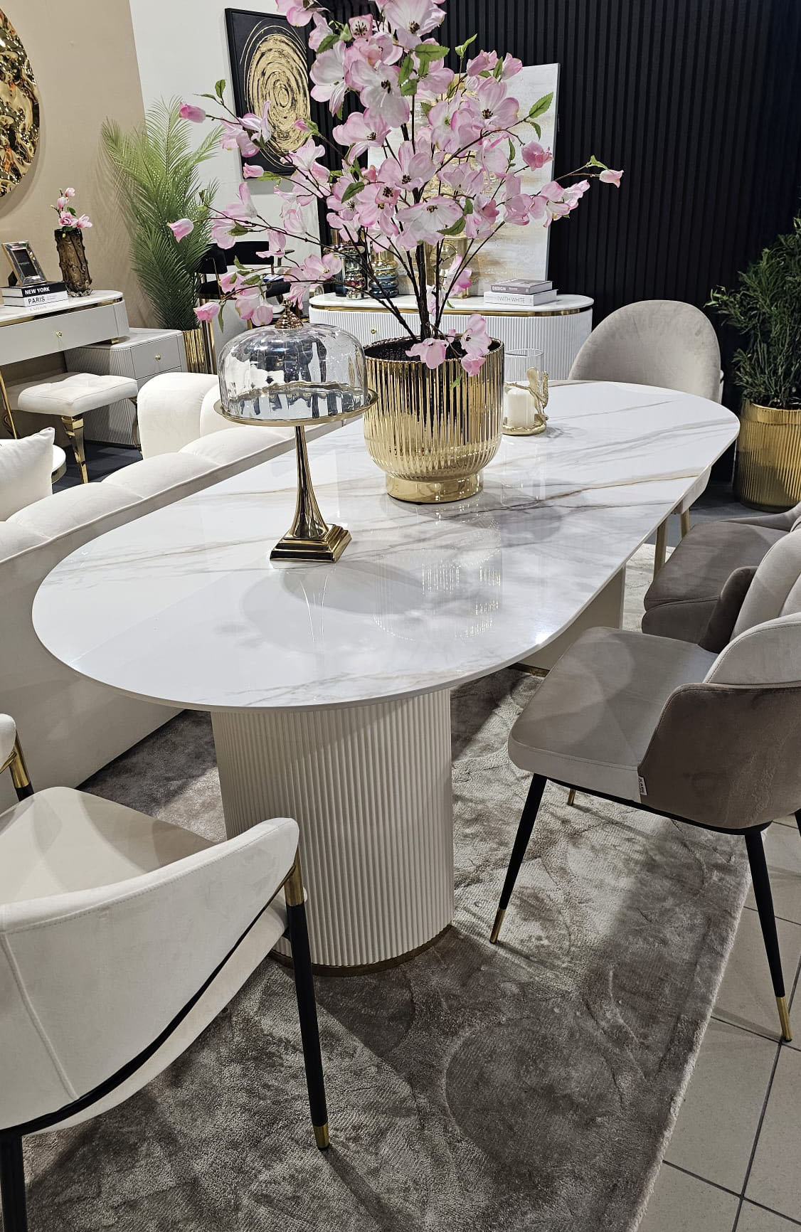 STÓŁ Incante owalny na dwóch nogach, nogi z MDF-u lakierowanego, biały z złotymi detalami, blat ze spieku kamiennego