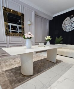 STÓŁ Incante owalny na dwóch nogach, nogi z MDF-u lakierowanego, złamana biel z złotymi detalami, blat ze spieku kamiennego – 240 x 100 cm