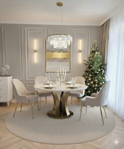 STÓŁ JADALNIANY okrągły Aureus biały blat z konglomeratu marmurowego, złota designerska podstawa, nowoczesny