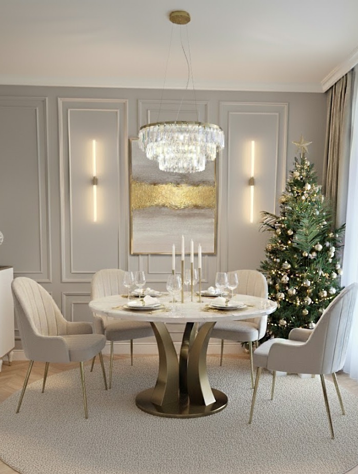 STÓŁ JADALNIANY okrągły Aureus biały blat z konglomeratu marmurowego, złota designerska podstawa, nowoczesny