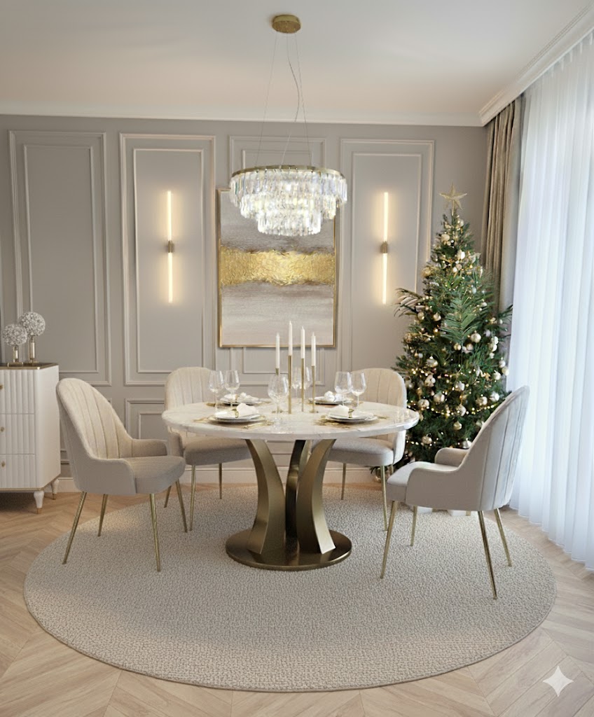 STÓŁ JADALNIANY okrągły Aureus biały blat z konglomeratu marmurowego, złota designerska podstawa, nowoczesny STÓŁ JADALNIANY okrągły Aureus biały blat z konglomeratu marmurowego, złota designerska podstawa, nowoczesny