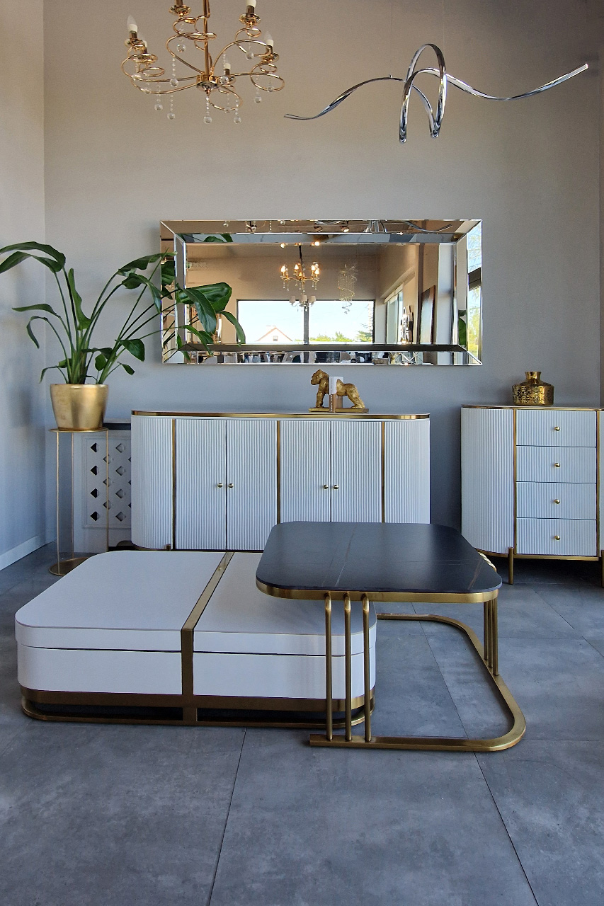 STOLIK KAWOWY 2w1 na złotej podstawie ze stali nierdzewnej, biały zaokrąglony korpus, czarny blat, nowoczesny styl, piękny