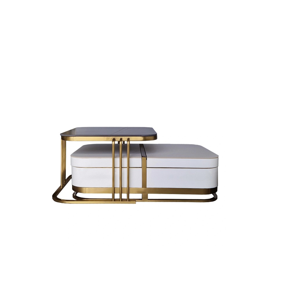 STOLIK KAWOWY 2w1 na złotej podstawie ze stali nierdzewnej, biały zaokrąglony korpus, czarny blat, nowoczesny styl