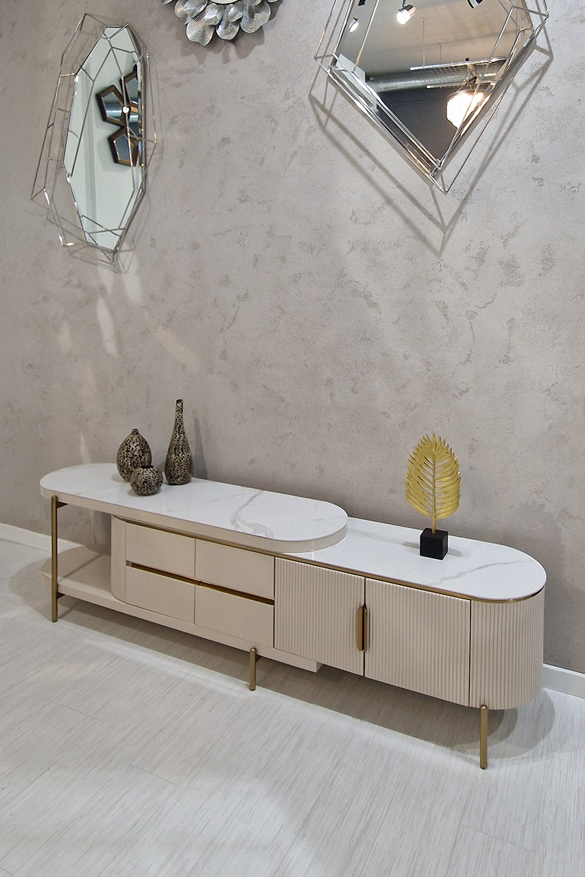 SZAFKA RTV z możliwością regulacji szerokości, ryflowany korpus, kaszmirowy kolor, nowoczesny glamour, piękna SZAFKA RTV z możliwością regulacji szerokości, ryflowany korpus, kaszmirowy kolor, nowoczesny glamour, piękna