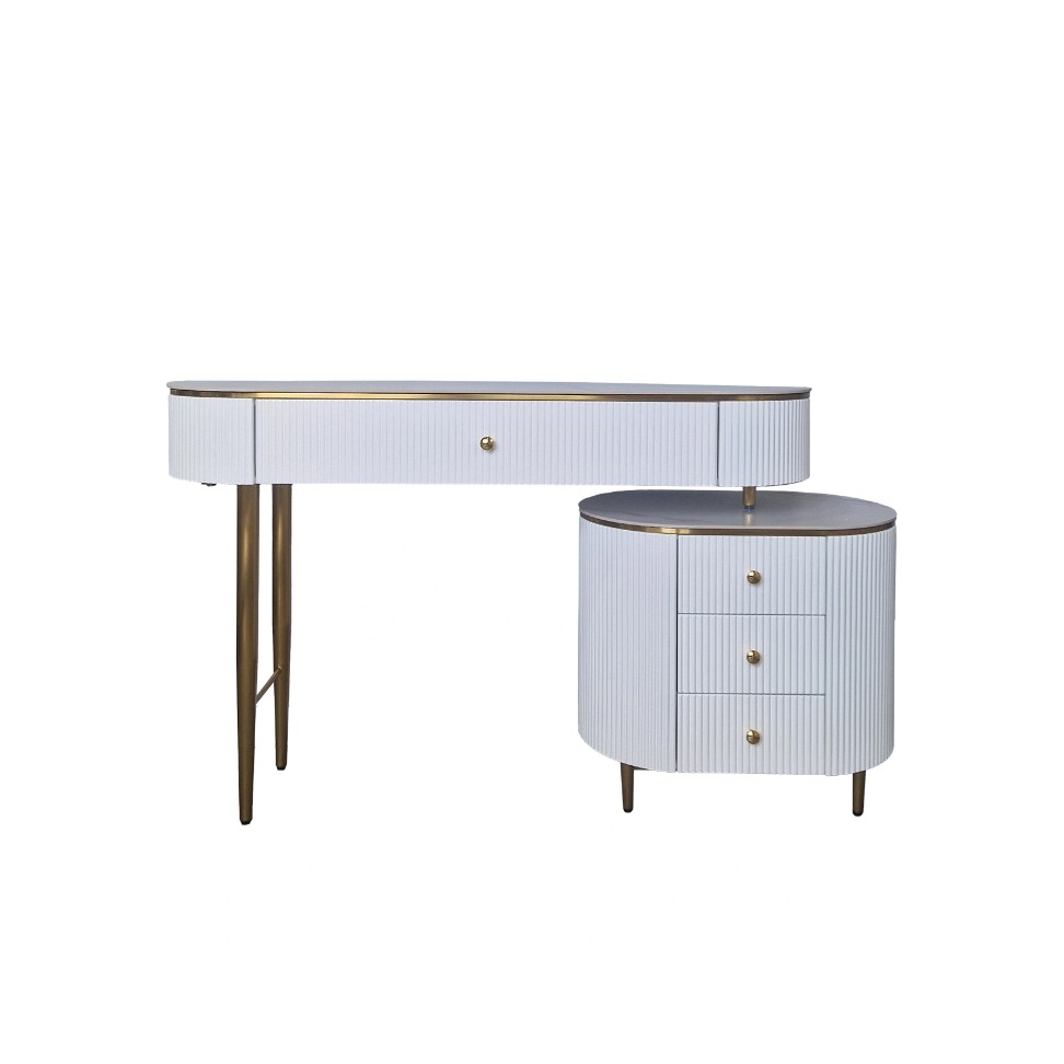 TOALETKA z boczną szafką, ryflowany, biały korpus, złote metalowe detale, blat ze spieku kaminnego, glamour