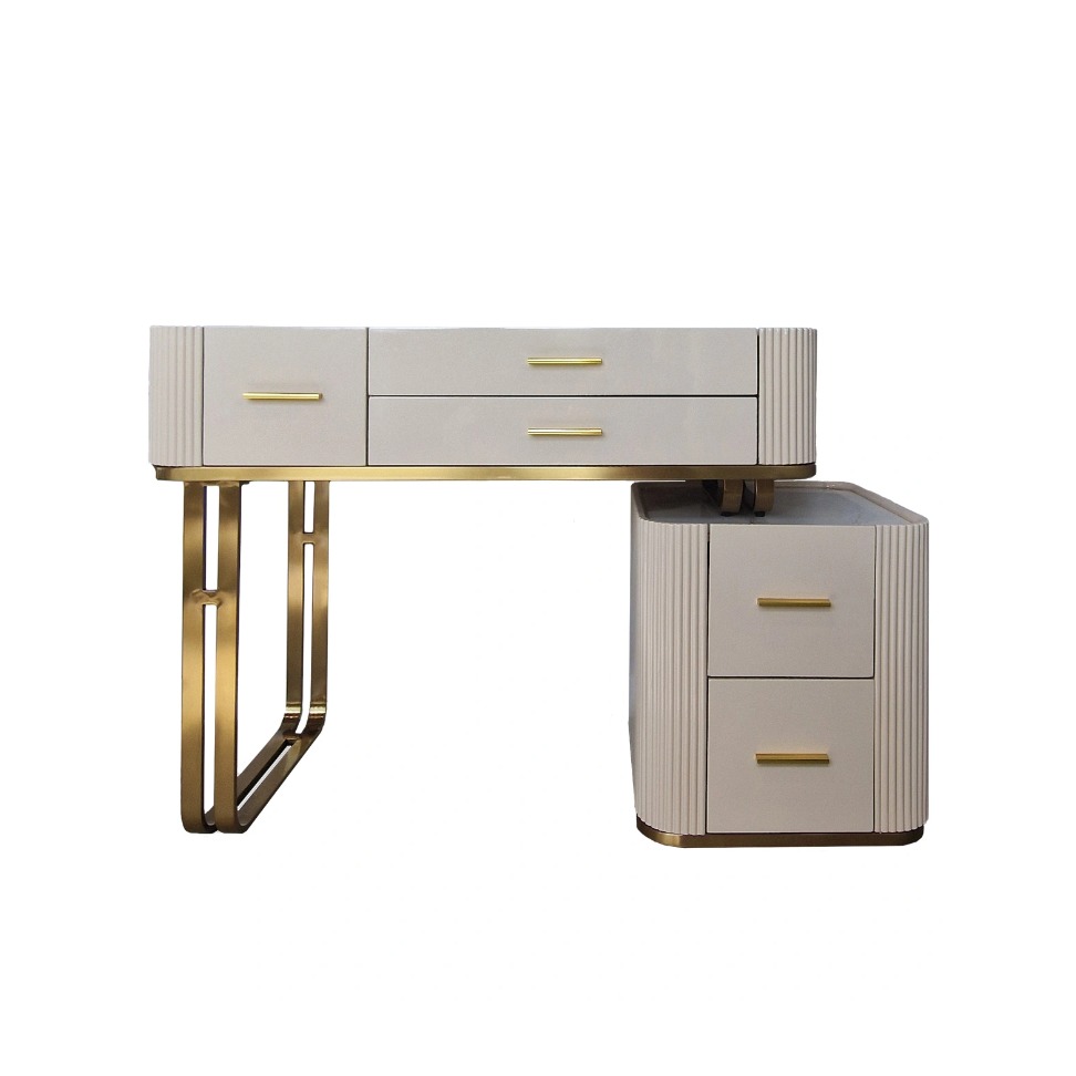 TOALETKA z szafką pomocniczą w kaszmirowym kolorze, złote metalowe detale, ryflowane boki, nowoczesny styl TOALETKA z szafką pomocniczą w kaszmirowym kolorze, złote metalowe detale, ryflowane boki, nowoczesny styl